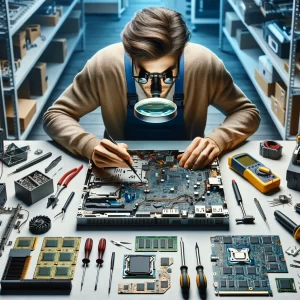 Un tecnico professionista che ripara un laptop, utilizzando strumenti di precisione con vari componenti del laptop disposti su un banco di lavoro.